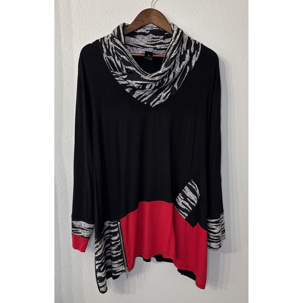 Ali Miles cowl neck tunic top women's 3X color block zebra art boho avant garde